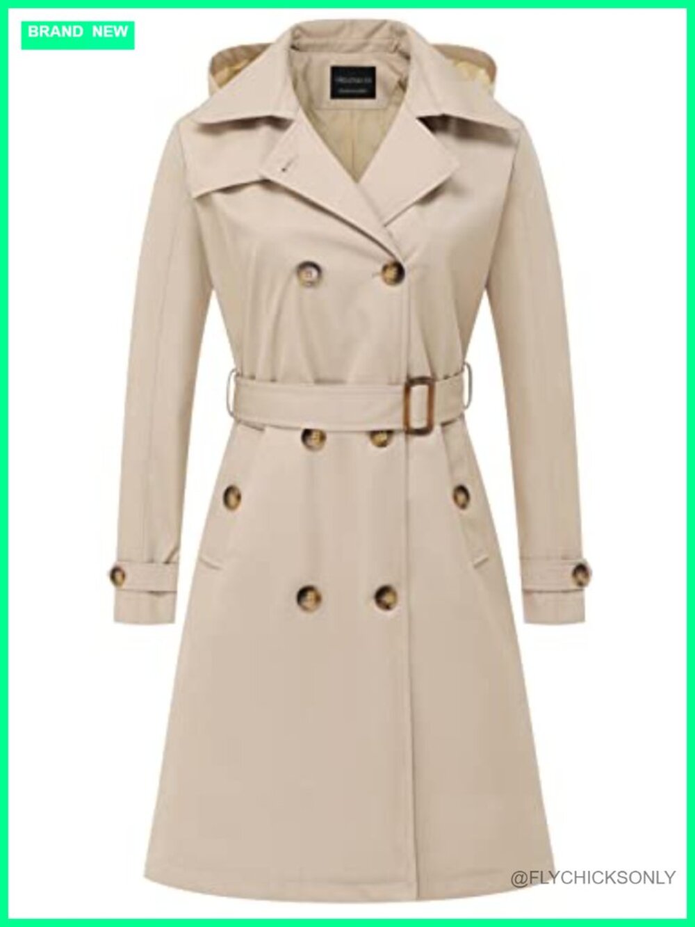 Double-Breasted Long Trench Coat Detachable Hood Belted Slim Fit